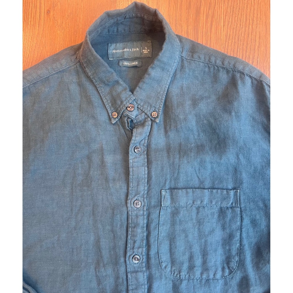 Abercrombie & Fitch Mens Small 100% Linen Button Down Shirt Teal Blue LS - Picture 2 of 6